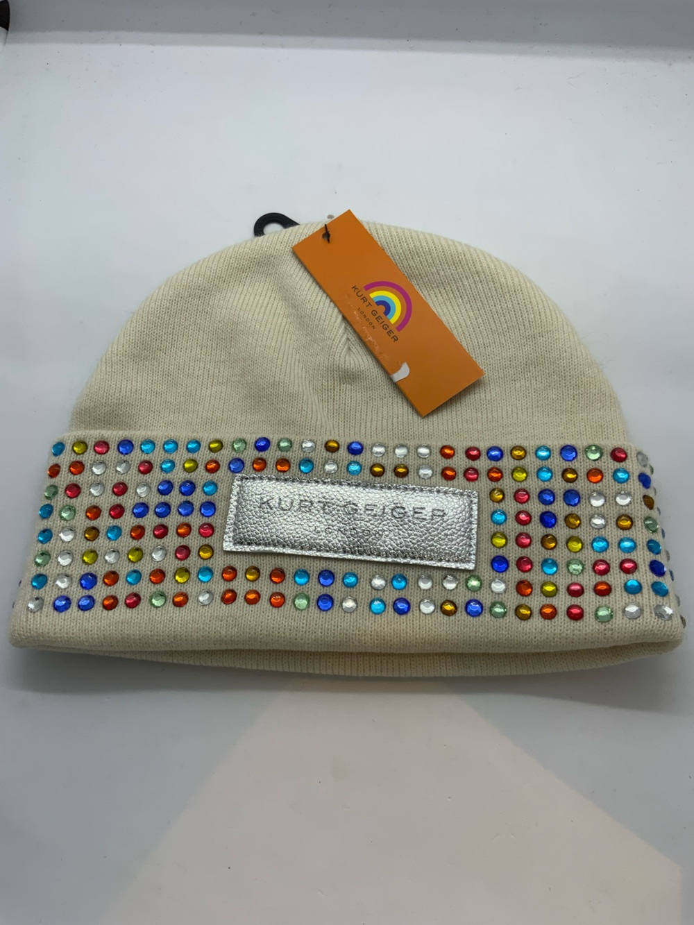 Kurt Geiger Kids Cream Beanie with Rainbow Studs